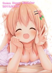Rule 34 | 1girl, :d, ^ ^, bare shoulders, blush, breasts, cleavage, closed eyes, commentary request, dated, downblouse, closed eyes, facing viewer, feet up, gochuumon wa usagi desu ka?, hair ornament, hairclip, happy birthday, highres, hoto cocoa, lying, medium breasts, minato ojitan, on stomach, open mouth, orange hair, short hair, smile, solo, v
