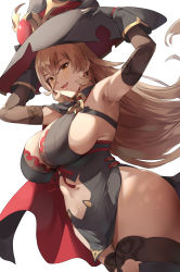 Rule 34 | 1girl, agu (agoppdki), armpits, bare hips, black gloves, blonde hair, breasts, cape, cleavage, clothing cutout, elbow gloves, fang, gloves, hair between eyes, hand on headwear, hat, highres, huge breasts, long hair, looking at viewer, navel, navel cutout, nijisanji, nui sociere, nui sociere (1st costume), revealing clothes, simple background, skin fang, smile, solo, thighhighs, very long hair, virtual youtuber, white background, witch hat, yellow eyes