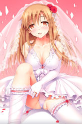 Rule 34 | 10s, 1girl, asuna (sao), blush, bra, breasts, bridal veil, brown eyes, brown hair, cameltoe, cleavage, dress, elbow gloves, flower, garter straps, gloves, hair flower, hair ornament, highres, jewelry, large breasts, long legs, looking at viewer, panties, parted lips, ring, rose, shiny skin, sitting, solo, sousouman, sword art online, thighhighs, thighhighs pull, underwear, veil, wedding band, wedding dress, white gloves, white panties, white thighhighs