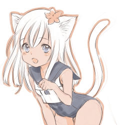 Rule 34 | 10s, 1girl, amano sakuya, animal ears, bare shoulders, blonde hair, blue eyes, cat ears, cat tail, fang, flower, hair flower, hair ornament, kantai collection, kemonomimi mode, long hair, lowres, open mouth, ro-500 (kancolle), school swimsuit, school uniform, serafuku, solo, swimsuit, swimsuit under clothes, tail