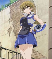 Rule 34 | 1girl, bare legs, breasts, cleavage, duel academy uniform (yu-gi-oh! gx), duel disk, fingerless gloves, gloves, hand on own hip, highres, large breasts, long hair, looking to the side, plaid, plaid skirt, screencap, skirt, sky, smile, solo, standing, tenjouin asuka, third-party edit, uniform, wide hips, yu-gi-oh!, yu-gi-oh! arc-v