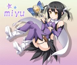 Rule 34 | 1girl, alternate hairstyle, black hair, character name, detached sleeves, fate/kaleid liner prisma illya, fate (series), gradient background, hair ornament, hairclip, kaleidostick, kyuutou (kyuutouryuu), magical girl, miyu edelfelt, solo, two side up, wand, yellow eyes