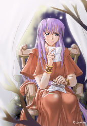 Rule 34 | 1girl, ancient ys vanished, artist name, blue eyes, bracelet, branch, chair, dress, holding, jewelry, letter, light smile, long hair, paper, purple hair, reading, reah (ys), red dress, short sleeves, solo, wide sleeves, xiacheng tatsuya, ys