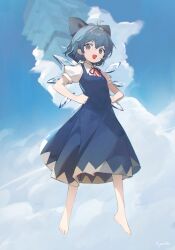 Rule 34 | 1girl, barefoot, blue bow, blue dress, blue eyes, blue hair, blush, bow, cirno, collared shirt, detached wings, dress, fairy, full body, hair between eyes, hair bow, highres, ice, ice wings, open mouth, pinafore dress, puffy short sleeves, puffy sleeves, shirt, short hair, short sleeves, siyumu, sleeveless, sleeveless dress, smile, solo, touhou, white shirt, wings