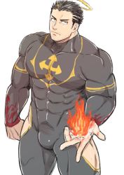 Rule 34 | 1boy, bara, black bodysuit, black hair, bodysuit, bulge, covered abs, covered navel, facial hair, feet out of frame, fire, from above, halo, harada (basashi), hip vent, large pectorals, looking at viewer, male focus, mature male, muscular, muscular male, pectorals, short hair, sideburns, skin tight, solo, stubble, thick thighs, thighs, tokyo houkago summoners, yellow eyes, zabaniyya (housamo)