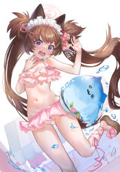 Rule 34 | 1girl, absurdres, animal ears, bikini, blue archive, breasts, brown hair, flower, hair flower, hair ornament, halo, highres, long hair, maid headdress, mascot costume, medium breasts, navel, open mouth, picdung, pink bikini, platform footwear, purple eyes, sandals, shizuko (blue archive), shizuko (swimsuit) (blue archive), simple background, swimsuit, twintails, white background