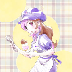 Rule 34 | 1girl, ^^^, apron, baskin-robbins, brown eyes, brown hair, cabbie hat, chocolate, clothes writing, collared dress, contemporary, cowboy shot, dress, eating, employee uniform, food, food on face, hat, heterochromia, holding, ice cream, ice cream cone, ice cream on face, ice cream scoop, iesupa, long hair, looking at viewer, multicolored hair, name tag, necktie, neo politan, pink eyes, pink hair, pink necktie, puffy short sleeves, puffy sleeves, purple dress, purple hat, rwby, shirt, short sleeves, solo, striped apron, striped clothes, surprised, tartan background, tsurime, uniform, vertical-striped apron, vertical-striped clothes, white apron, wing collar