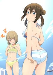 Rule 34 | 2girls, absurdres, adjusting clothes, adjusting swimsuit, alternate hairstyle, angry, ass, asymmetrical hair, bikini, blue eyes, blue sky, bob cut, breast envy, breasts, brown hair, check commentary, clenched teeth, closed mouth, cloud, commentary, commentary request, embarrassed, frilled bikini, frills, from behind, from below, hair between eyes, hair bun, hands on own chest, heart, heart print, highres, light blush, light brown hair, long hair, looking at breasts, looking back, looking down, love live!, love live! nijigasaki high school idol club, medium breasts, multiple girls, nakasu kasumi, navel, osaka shizuku, pool, red eyes, short hair, sky, small breasts, striped bikini, striped clothes, sweatdrop, swimsuit, teeth, tight clothes, two-tone bikini, water slide, yellow bikini, zasshoku ojisan
