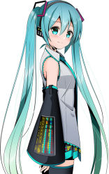 Rule 34 | 1girl, aqua eyes, aqua hair, aqua necktie, black skirt, black thighhighs, blush, closed mouth, cowboy shot, detached sleeves, grey shirt, hair between eyes, hatsune miku, headset, long hair, long sleeves, looking at viewer, looking to the side, miniskirt, necktie, pleated skirt, shirt, simple background, skirt, sleeves past wrists, smile, solo, standing, thighhighs, twintails, very long hair, vocaloid, white background, yuuka nonoko, zettai ryouiki