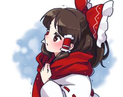 Rule 34 | 1girl, alternate costume, blue background, bow, brown eyes, brown hair, frilled bow, frilled hair tubes, frills, from side, hair bow, hair tubes, hakurei reimu, high ponytail, itani illust, looking ahead, medium hair, nontraditional miko, ponytail, red bow, red scarf, ribbon-trimmed sleeves, ribbon trim, scarf, scarf pull, snowing, solo, touhou, trembling, white sleeves, wide sleeves