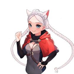 Rule 34 | ahoge, animal ears, arm up, blue eyes, braid, breasts, capelet, cat ears, cat girl, commission, commissioner upload, covered navel, fire emblem, fire emblem fates, hairband, hand on own hip, harness, highres, hood, hood down, hooded capelet, long hair, looking at viewer, low twin braids, medium breasts, nina (fire emblem), nintendo, non-web source, o-ring, o-ring harness, red capelet, red hood, shiimidori, smile, twin braids, white hair, white hairband