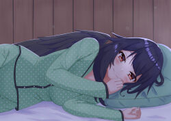 Rule 34 | 1girl, absurdres, alternate costume, bed, bird wings, black hair, black wings, blush, breasts, closed mouth, commentary request, cowboy shot, green pants, green shirt, highres, large breasts, long hair, long sleeves, looking at viewer, lying, medium bangs, o1118, on side, pajamas, pants, pillow, red eyes, reiuji utsuho, shirt, smile, solo, touhou, wings
