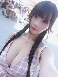 Rule 34 | 1girl, asian, bare shoulders, black hair, braid, breasts, chinese (nationality), cleavage, crowd, highres, jewelry, large breasts, lips, long hair, looking at viewer, necklace, nose, outdoors, patterned clothing, photo (medium), selfie, solo, tagme, twin braids, wendydydydy