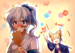 Rule 34 | 2girls, ^^^, alternate costume, arm up, blue eyes, blush, brown hair, calligraphy brush, closed eyes, drawing on another&#039;s face, earmuffs, embarrassed, facepaint, female focus, floral background, flower, hagoita, hair ornament, hanetsuki, haori, happy, headphones, holding, japanese clothes, kimono, mononobe no futo, multiple girls, new year, obi, open mouth, paddle, paintbrush, sash, short hair, silver hair, smile, tears, touhou, toyosatomimi no miko, translation request, wavy mouth, yetworldview kaze, yuri