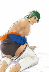 Rule 34 | 1boy, ass, bara, bare pectorals, bare shoulders, black male underwear, briefs, bulge, chachi (soulga), clothes pull, from behind, green hair, joe (sk8), kneeling, large pectorals, long hair, looking at viewer, male focus, male underwear, muscular, muscular male, nipples, off shoulder, pants, pants pull, pectorals, sk8 the infinity, solo, thighs, underwear, undressing, white pants