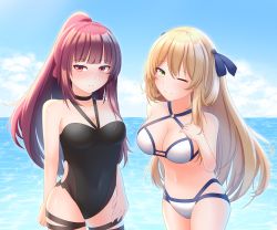 Rule 34 | 2girls, absurdres, bare shoulders, bikini, black one-piece swimsuit, blonde hair, blue bow, blush, bow, bow swimsuit, breasts, cleavage, closed mouth, cloud, collarbone, girls&#039; frontline, green eyes, hair bow, hand on own chest, highres, koto (ktnhn000), large breasts, long hair, looking at viewer, medium breasts, multiple girls, ocean, official alternate costume, one-piece swimsuit, one eye closed, outdoors, ponytail, purple hair, red eyes, sky, smile, springfield (girls&#039; frontline), springfield (stirring mermaid) (girls&#039; frontline), swimsuit, wa2000 (girls&#039; frontline), wa2000 (op. manta ray) (girls&#039; frontline), water, white bikini