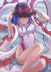 Rule 34 | 1girl, black hat, bow, breasts, commentary request, commission, competition swimsuit, covered navel, feet out of frame, frilled shawl, frills, hat, hat bow, hat ribbon, highres, medium breasts, nagae iku, nikulas cage, one-piece swimsuit, parted lips, pixiv commission, purple hair, red eyes, ribbon, shawl, short hair, solo, swimsuit, touhou, two-tone swimsuit, white one-piece swimsuit