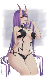Rule 34 | 1girl, absurdres, aged up, alternate breast size, alternate hair length, alternate hairstyle, arm behind back, bad id, bad pixiv id, bare arms, bare shoulders, blush, breasts, commentary request, cowboy shot, expulse, eyeshadow, fate/grand order, fate (series), grin, groin, hair between eyes, hand up, headpiece, highres, horns, lipstick, long hair, looking at viewer, makeup, medium breasts, navel, oni, purple eyes, purple hair, purple lips, revealing clothes, shuten douji (fate), sitting, skin-covered horns, smile, solo, stomach, thighs, very long hair, white background