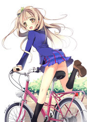 Rule 34 | 10s, 1girl, :d, ass, bicycle, black socks, blue skirt, blue sweater, blush, bow, floating hair, green bow, hair bow, highres, kneehighs, leg up, light brown hair, looking at viewer, looking back, love live!, love live! school idol project, minami kotori, miniskirt, open mouth, pleated skirt, riding, school uniform, signature, simple background, skirt, smile, socks, solo, sweater, white background, yellow eyes, yoshiwo