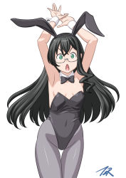 Rule 34 | 1girl, animal ears, arms up, artist name, black bow, black bowtie, black hair, black leotard, bow, bowtie, breasts, commentary request, cowboy shot, detached collar, fake animal ears, glasses, green eyes, grey pantyhose, highres, kantai collection, leotard, long hair, looking at viewer, ooyodo (kancolle), pantyhose, playboy bunny, rabbit ears, semi-rimless eyewear, simple background, small breasts, solo, strapless, strapless leotard, t2r, thigh gap, under-rim eyewear, white background, wrist cuffs