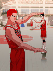 Rule 34 | 3boys, basketball court, basketball hoop, basketball jersey, black hair, closed mouth, floor, forced perspective, grin, gym, highres, indoors, knee pads, looking at viewer, male focus, mitsui hisashi, miyagi ryouta, multiple boys, red hair, red shorts, sakuragi hanamichi, shadow, short hair, shorts, slam dunk (series), sleeveless, smile, stairs, standing, sus ryo7, v-shaped eyebrows, white footwear, window
