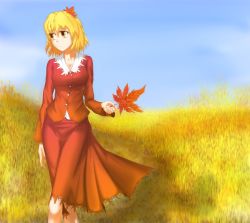 Rule 34 | 1girl, adapted costume, aki shizuha, alternate costume, blonde hair, blue sky, day, hater (hatater), leaf, leaf on head, long sleeves, looking away, maple leaf, nature, non-web source, shirt, short hair, skirt, skirt set, sky, solo, touhou, vest, yellow eyes