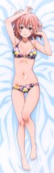 Rule 34 | 1girl, absurdres, arm up, armpits, bare shoulders, barefoot, bed sheet, bikini, breasts, breasts apart, cleavage, collarbone, dakimakura (medium), feet, from above, full body, groin, hair between eyes, twirling hair, hand in own hair, highres, jewelry, looking at viewer, lying, medium breasts, multi-strapped bikini, navel, necklace, o-ring, o-ring top, official art, on back, orange hair, parted lips, red eyes, shiny skin, short hair, smile, solo, swimsuit, toes, yahari ore no seishun lovecome wa machigatteiru., yuigahama yui