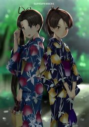 Rule 34 | 2girls, :d, artist name, bag, black hair, black kimono, black ribbon, blue eyes, blue kimono, blurry, blurry background, blush, bokeh, brown eyes, brown hair, character request, closed mouth, day, depth of field, feet out of frame, floral print, hair ribbon, hand up, highres, holding, holding bag, japanese clothes, kantai collection, kimono, long hair, looking at viewer, multiple girls, obi, open mouth, outdoors, parted bangs, ponytail, print kimono, ribbon, sash, side ponytail, smile, standing, tareme, v-shaped eyebrows, v arms, wa (genryusui), wide sleeves