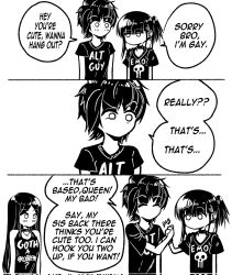 Rule 34 | 1boy, 2girls, 3koma, alt-guy (grs-), bare shoulders, bracelet, choker, clothes writing, comic, commentary, corrupted twitter file, earrings, emo-girl (grs-), emo fashion, english commentary, english text, goth-girl (grs-), goth fashion, greyscale, grs-, highres, jewelry, long hair, medium hair, monochrome, multiple girls, necklace, no mouth, original, print shirt, raised eyebrows, shirt, short ponytail, short sleeves, side ponytail, simple background, speech bubble, spiked bracelet, spikes, sweatdrop, t-shirt, white background, yuri