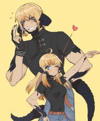 Rule 34 | 1boy, 1girl, ahoge, au ra, black nails, black shirt, blonde hair, blowing kiss, blue eyes, blush, colored sclera, final fantasy, final fantasy xiv, fingernails, flying sweatdrops, gg dal, grey sclera, hand up, height difference, highres, horn ornament, horn ring, horns, looking at viewer, monster boy, monster girl, nail polish, o3o, one eye closed, scales, shirt, simple background, tail, warrior of light (ff14), yellow background