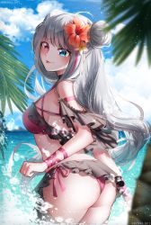 Rule 34 | 1girl, :p, ass, bikini, blue eyes, blush, breasts, cloud, commentary request, commission, day, double bun, flower, from behind, girls&#039; frontline, hair bun, heterochromia, hibiscus, highres, long hair, looking at viewer, looking back, mdr (girls&#039; frontline), medium breasts, menna (0012), multicolored hair, ocean, palm tree, pink bikini, pink eyes, pink hair, pixiv commission, side-tie bikini bottom, silver hair, sky, solo, streaked hair, swimsuit, thighs, tongue, tongue out, tree, twitter username, very long hair, wading, water, wristband