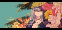 Rule 34 | 1girl, aqua background, cogecha, collarbone, fern, flower, highres, jewelry, letterboxed, long hair, looking at viewer, necklace, necktie, original, plant, purple hair, solo, yellow eyes