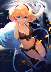 Rule 34 | 1girl, absurdres, air bubble, bare shoulders, barefoot, bikini, black bikini, black hairband, blonde hair, blue eyes, blue hoodie, blush, braid, breasts, bridal garter, bubble, chashiba, cleavage, collarbone, day, dutch angle, fate/grand order, fate (series), fish, floating hair, freediving, front-tie bikini top, front-tie top, groin, hair between eyes, hairband, highres, holding, holding breath, hood, hood down, hooded jacket, hoodie, hoop, hula hoop, jacket, jeanne d&#039;arc (fate), jeanne d&#039;arc (ruler) (fate), jeanne d&#039;arc (swimsuit archer) (fate), jeanne d&#039;arc (swimsuit archer) (first ascension) (fate), large breasts, light smile, long hair, long sleeves, looking at viewer, medium breasts, navel, open clothes, open jacket, outdoors, parted lips, solo, stomach, submerged, swimsuit, underwater, very long hair, water, whistle, whistle around neck