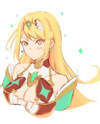 Rule 34 | 1girl, 5casiosi, bare shoulders, blonde hair, blush stickers, breasts, brown eyes, cleavage, closed mouth, collarbone, commentary request, covered collarbone, cropped torso, dress, eyebrows hidden by hair, headpiece, highres, long hair, looking at viewer, medium breasts, mythra (xenoblade), simple background, solo, swept bangs, upper body, white background, white dress, xenoblade chronicles (series), xenoblade chronicles 2