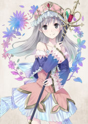 Rule 34 | 1girl, atelier (series), atelier totori, bad id, bad pixiv id, collarbone, cowboy shot, dress, female focus, grey eyes, grey hair, highres, holding, holding weapon, long hair, looking at viewer, maigoyaki, smile, solo, staff, totooria helmold, weapon