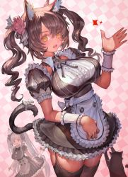 Rule 34 | 2girls, animal, animal ear fluff, animal ears, bell, black bow, black cat, black legwear, black neckwear, black ribbon, blush, bow, breasts, cat, cat ears, cat girl, cat tail, destiny child, fang, fingernails, flower, frills, grey hair, hair bell, hair between eyes, hair flower, hair ornament, long hair, maid, multiple girls, open mouth, patterned, patterned background, puffy sleeves, red bow, ribbon, serket (destiny child), sharp fingernails, sparkle, sytry (destiny child), tail, tail bow, tail ornament, teeth, thighhighs, tongue, twintails, upper teeth only, very long hair, voruvoru, white bow, yellow eyes