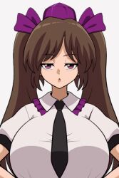 Rule 34 | 1girl, animated, animated gif, artist request, blush, bouncing breasts, breasts, brown hair, clothes lift, himekaidou hatate, huge breasts, large breasts, lifting own clothes, long hair, looking at viewer, nipples, no bra, open mouth, purple eyes, shirt lift, solo, source request, touhou, twintails