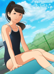 Rule 34 | 1girl, arm support, black eyes, black hair, black hairband, blue one-piece swimsuit, blunt bangs, blurry, cloud, collarbone, competition school swimsuit, depth of field, dutch angle, feet out of frame, female focus, fence, flat chest, foliage, from side, hairband, high ponytail, highres, leaning forward, light smile, looking at viewer, one-piece swimsuit, original, outdoors, partially submerged, poolside, school swimsuit, shinchou ni kansuru kousatsu, sitting, sky, solo, swimsuit, swimsuit tug