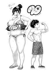 Rule 34 | 1boy, 1girl, bad id, bad pixiv id, blush, breasts, dekkano!!, fang, greyscale, hair bun, highres, huge breasts, long hair, male swimwear, monochrome, mucchan, original, plump, single hair bun, size difference, suzurikawa sasha, swim trunks, swimsuit, synecdoche, thick arms, thick thighs, thighs, toned, translation request, weight conscious