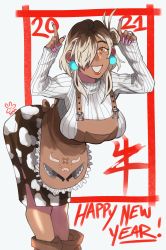 Rule 34 | 1girl, 2021, absurdres, animal print, apron, bent over, breasts, brown apron, brown hair, character request, chinese zodiac, commentary, cow print, dark skin, dark-skinned female, earrings, english commentary, fingernails, grin, gyaru, hair over one eye, happy new year, highres, horns pose, index finger raised, jewelry, large breasts, leg warmers, lipstick, long fingernails, long skirt, makeup, mature female, mole, mole under eye, multicolored hair, nail polish, new year, pink nails, print skirt, ribbed sweater, ring, serph (usagiclock), short hair, skirt, sleeves past wrists, smile, solo, sweater, turtleneck, turtleneck sweater, two-tone hair, virtual youtuber, wedding band, white sweater, year of the ox