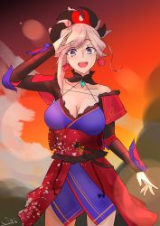 Rule 34 | 1girl, absurdres, asymmetrical hair, blue eyes, blue kimono, breasts, cleavage, commentary request, earrings, fate/grand order, fate (series), hair ornament, hat, highres, japanese clothes, jewelry, kasumi saika, kimono, large breasts, long hair, miyamoto musashi (fate), miyamoto musashi (second ascension) (fate), multicolored background, obi, pink hair, ponytail, red hat, sash, simple background, sleeveless, sleeveless kimono, smile, solo