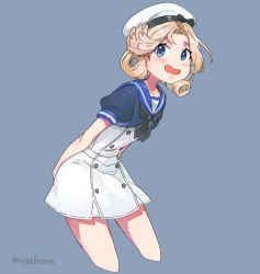 Rule 34 | 1girl, arm behind back, arms behind back, black neckwear, black shirt, blonde hair, blue eyes, blue sailor collar, commentary request, cropped legs, dress, gloves, grey background, hat, janus (kancolle), kantai collection, mogamiya honu, no nose, open mouth, parted bangs, sailor collar, sailor dress, sailor hat, shirt, short hair, short sleeves, simple background, solo, twitter username, white dress, white gloves, white hat