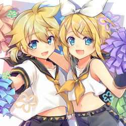 Rule 34 | 1boy, 1girl, arm around shoulder, arm warmers, bare shoulders, black collar, black shorts, blonde hair, blue eyes, bow, brother and sister, collar, commentary request, crop top, date pun, good twins day, hair bow, hair ornament, hairclip, holding, holding pom poms, kagamine len, kagamine rin, leeannpippisum, looking at viewer, midriff, navel, neckerchief, necktie, number pun, open mouth, pom pom (cheerleading), pom poms, sailor collar, school uniform, shirt, short hair, short ponytail, short sleeves, shorts, siblings, side-by-side, sleeveless, sleeveless shirt, smile, spiked hair, swept bangs, twins, upper body, vocaloid, white bow, white shirt, yellow neckerchief