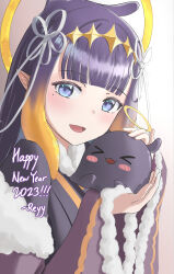 Rule 34 | 1girl, 2023, absurdres, blue eyes, blunt bangs, blush, closed eyes, commentary, diamond hairband, english commentary, english text, gradient hair, halo, happy new year, highres, holding, hololive, hololive english, japanese clothes, kimono, long hair, looking at viewer, mole, mole under eye, multicolored hair, new year, ninomae ina&#039;nis, octopus, open mouth, orange hair, pointy ears, purple hair, reylan520, sidelocks, simple background, smile, takodachi (ninomae ina&#039;nis), tentacle hair, upper body, virtual youtuber