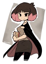 Rule 34 | 1girl, black cape, black eyes, black pantyhose, blunt bangs, blush stickers, book, brown hair, brown skirt, cape, closed mouth, cowboy shot, grey shirt, highres, hilda, holding, holding book, kaisa (hilda), looking at viewer, miniskirt, multicolored hair, outline, pantyhose, pink hair, rariatto (ganguri), shirt, skirt, smile, solo, standing, twitter username, two-sided cape, two-sided fabric, two-tone hair, white outline