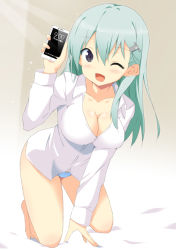 Rule 34 | 10s, 1girl, ;d, aqua hair, bare legs, barefoot, bed sheet, bent over, black eyes, blue panties, bow, bow panties, breasts, cellphone, cleavage, collarbone, female focus, firecharmer, foreshortening, full body, gradient background, grey background, hair between eyes, hair ornament, hairclip, holding, holding phone, impossible clothes, impossible shirt, kantai collection, kneeling, large breasts, long hair, long sleeves, looking at viewer, no pants, one eye closed, open mouth, panties, phone, shirt, smartphone, smile, solo, suzuya (kancolle), tareme, underwear, white background