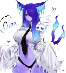 Rule 34 | 1girl, animal ears, black necktie, black panties, blouse, blue fire, blue hair, breasts, cat ears, cat girl, cat tail, cross-shaped pupils, fire, furry, furry female, ghost, ghost flame, glasses, highres, large breasts, liquid hair, looking at viewer, midriff, monster girl, multicolored hair, necktie, nekomata, olga (togetoge), open clothes, original, panties, purple eyes, purple fur, revealing clothes, shirt, slime girl, symbol-shaped pupils, tail, thick thighs, thighs, togetoge, torn clothes, underboob, underwear, very long sleeves, wide hips