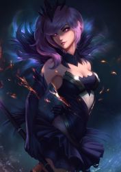 Rule 34 | 1girl, arm behind back, bare shoulders, breasts, cleavage, dark elementalist lux, detached collar, dress, elbow gloves, elementalist lux, embers, gloves, glowing, glowing eyes, grin, has bad revision, highres, league of legends, light purple hair, lipstick, lux (league of legends), makeup, md5 mismatch, pleated skirt, purple eyes, raikoart, resized, resolution mismatch, side ponytail, skirt, smile, solo, staff, tiara