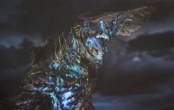 Rule 34 | battle damage, bioluminescence, blood, blue blood, colored blood, concept art, corpse, death, epic, giant, giant monster, glowing, glowing blood, glowing eyes, glowing mouth, glowing veins, injury, kaijuu, knifehead, legendary pictures, monster, neon trim, official art, pacific rim, scar, veins