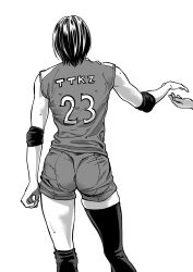 Rule 34 | 1girl, arm at side, ass, bare shoulders, clothes writing, commentary request, elbow pads, facing away, feet out of frame, from behind, greyscale, highres, kneehighs, mada tetsukazu, monochrome, original, out of frame, outstretched arm, outstretched hand, reaching, short hair, shorts, simple background, single kneehigh, single sock, single thighhigh, skin tight, skindentation, sleeveless, socks, solo focus, sportswear, standing, thighhighs, toned, volleyball uniform